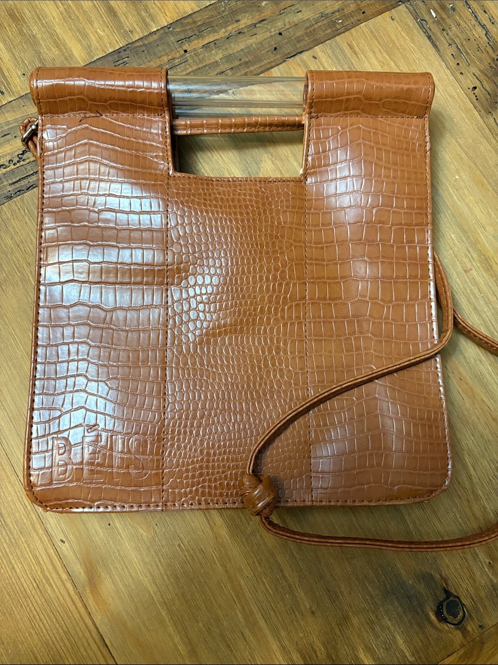 BEIS Cognac Croc-Effect Crossbody Bag with Top Handle